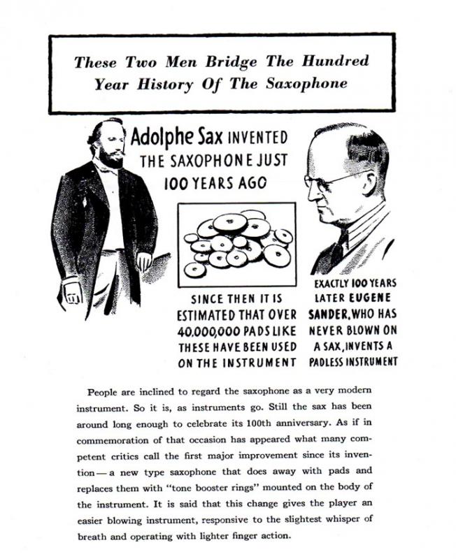 Selmer Advertising Copy - 1941 Selmer Padless Saxophone
