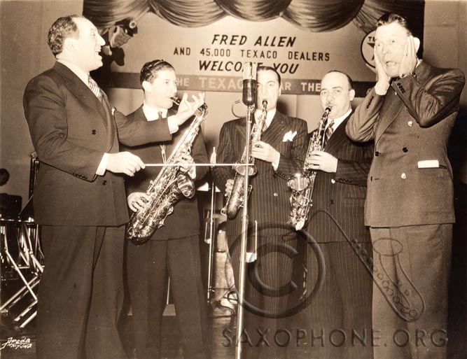 Fred Allen's Texaco Broadcast from CBS Studios in New York, March of 1941 - Al Goodman's sax section composed of Murray Cohan, Artie Manners and Andy Sannella demonstrate the new Selmer-U.S. Padless Saxophone