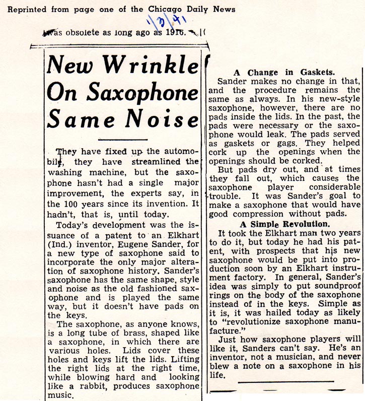 Chicago Daily News - Selmer Padless Saxophone -1/3/1941