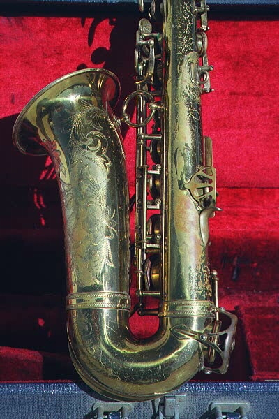 1938 Selmer Balanced Action alto saxophone with ping dents, possible evidence of a dent-pull by the thumb rest and general lacquer wear